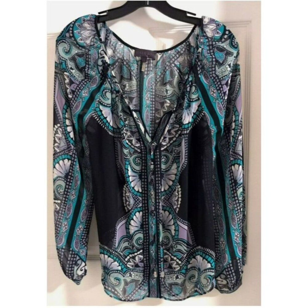 Hale Bob 100% Silk Chiffon Long Sleeve Boho Blouse Top SZ M Midnight Blue